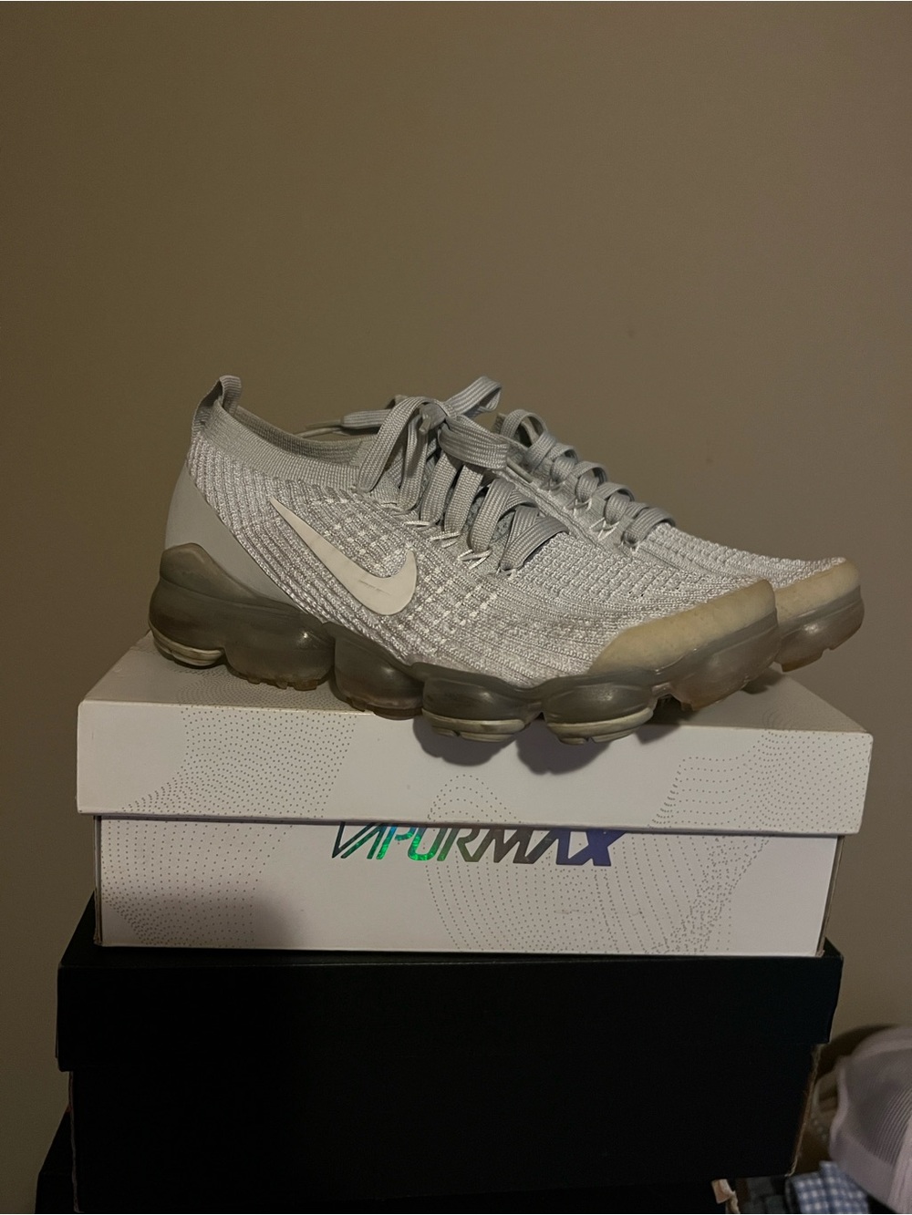 Nike Women’s VaporMax Flyknit Sneakers in Light Gray and White